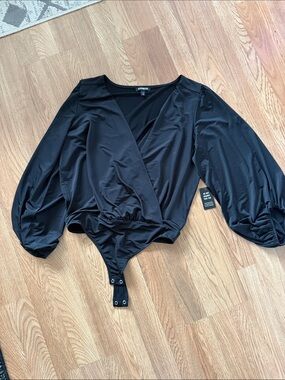 Express Black Wrap Surplice Long-Sleeve Bodysuit